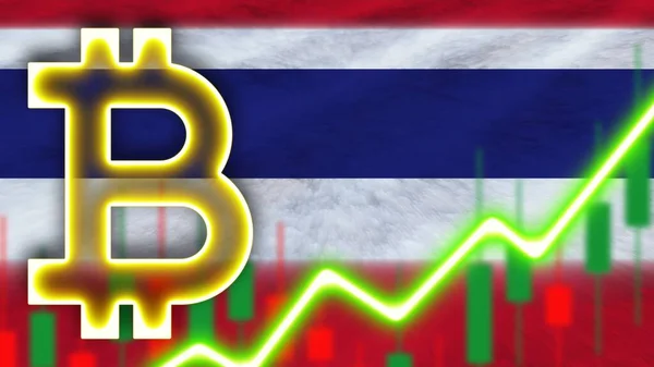 Thailand Realistische Flagge Mit Neon Lichteffekt Bitcoin Icon Radial Blur — Stockfoto
