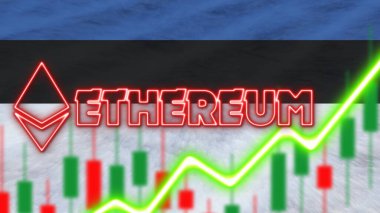 Estonya Bayrağı Neon Işığı Efekti Ethereum Logosu Radyal Görüntü Efekti Kumaş Doku Efekti 3B İllüstrasyon