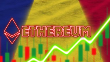 Romanya Bayrağı Neon Işığı Efekti Ethereum Logosu Radyal Görüntü Kumaş Dokusu Efekti 3B İllüstrasyon Efekti