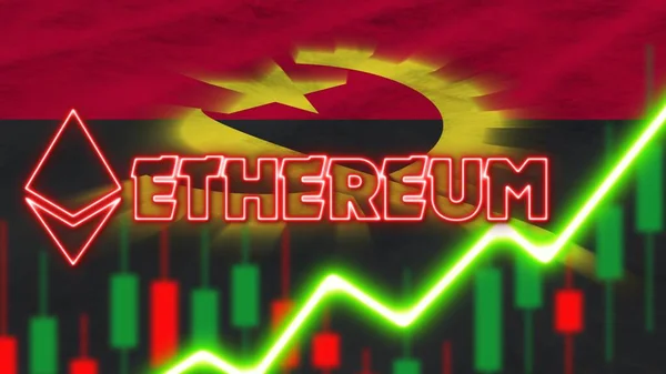 Angola Flagga Med Neon Ljuseffekt Ethereum Mynt Logo Radial Oskärpa — Stockfoto