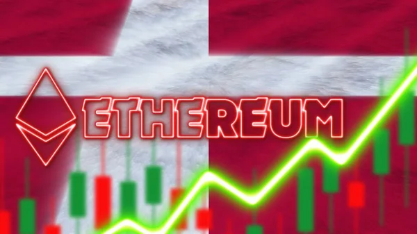 Denmark Flag Neon Light Effect Ethereum Coin Logo Radial Blur — стокове фото