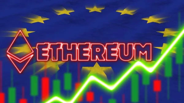 European Union Flag Neon Light Effect Ethereum Coin Logo Radial — стокове фото