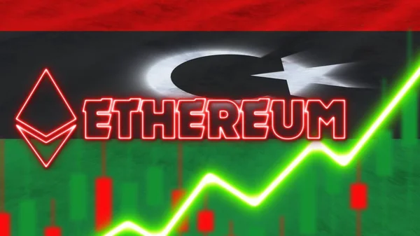 Libya Flag Neon Light Effect Ethereum Coin Logo Radial Blur — стокове фото