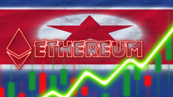 North Korea Flag Neon Light Effect Ethereum Coin Logo Radial — стокове фото