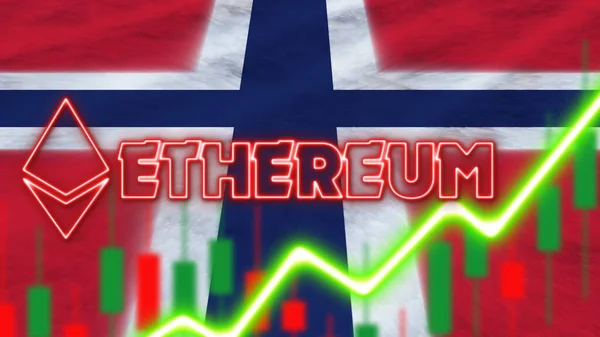 Norge Flagga Med Neon Ljuseffekt Ethereum Mynt Logotyp Radial Oskärpa — Stockfoto