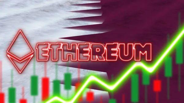 Qatar Flagga Med Neon Ljuseffekt Ethereum Mynt Logotyp Radial Oskärpa — Stockfoto