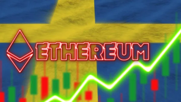 Sverige Flagga Med Neon Light Effect Ethereum Myntlogotyp Radial Oskärpa — Stockfoto