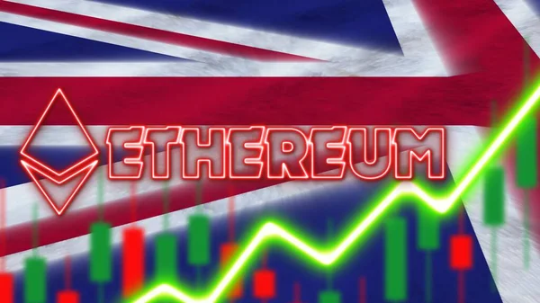 Storbritannien Flagga Med Neon Light Effect Ethereum Mynt Logo Radial — Stockfoto