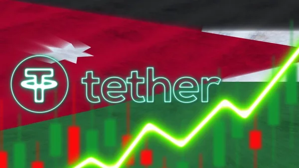 Jordan Flag with Neon Light Effect Tether Coin Logo Radial Blur Effect Fabric Texture Effect 3D Illustration