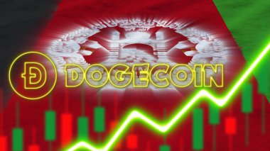 Afganistan Bayrağı Neon Işık Efekti Doge Para Logosu Radyal Görüntü Kumaş Doku Efekti 3D Resim Efekti