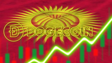 Kırgızistan Bayrağı Neon Işık Efekti Doge Logosu Radyal Görüntü Kumaş Dokusu Efekti 3B İllüstrasyon