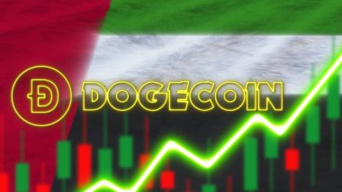 Birleşik Arap Emirlikleri Bayrağı Neon Işık Efekti Doge Logosu Radyal Görüntü Kumaş Dokuma Efekti 3D İllüstrasyon Efekti
