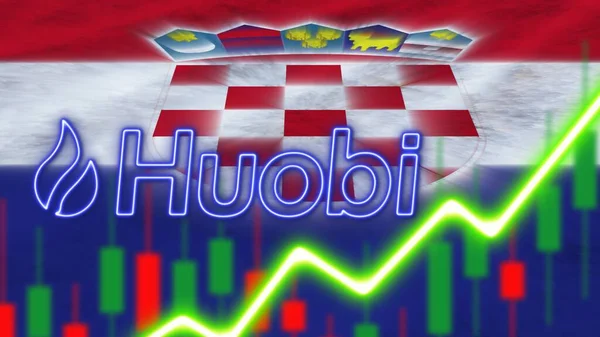 Kroatien Flagge Mit Neon Lichteffekt Huobi Logo Radial Blur Effect — Stockfoto