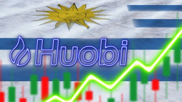 Bandera Uruguay Con Efecto Luz Neón Logotipo Huobi Efecto Desenfoque — Foto de Stock