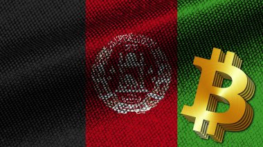Afganistan Gerçekçi Kumaş Doku Efekti Dalgalı Bayrak, Altın Metalik Doku Bitcoin Simgesi, 3 boyutlu Resim