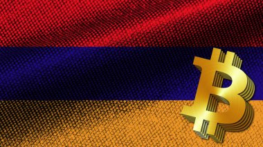 Ermenistan Gerçekçi Kumaş Doku Efekti Dalgalı Bayrak, Altın Metalik Doku Bitcoin Simgesi, 3D Resim