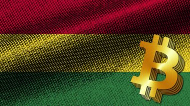 Bolivya Gerçekçi Kumaş Doku Efekti Dalgalı Bayrak, Altın Metalik Döküm Bitcoin Simgesi, 3D İllüstrasyon