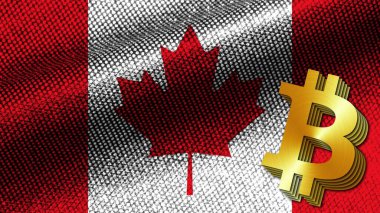 Kanada Gerçekçi Kumaş Doku Efekti Dalgalı Bayrak, Altın Metalik Doku Bitcoin Simgesi, 3D Resim