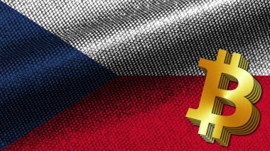 Çek Cumhuriyeti Gerçekçi Kumaş Doku Efekti Dalgalı Bayrak, Altın Metalik Doku Bitcoin Simgesi, 3D İllüstrasyon