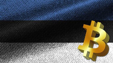 Estonya Gerçekçi Kumaş Doku Efekti Dalgalı Bayrak, Altın Metalik Döküm Bitcoin Simgesi, 3D Görüntü