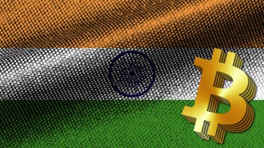 Hindistan Gerçekçi Kumaş Doku Efekti Dalgalı Bayrak, Altın Metalik Doku Bitcoin Simgesi, 3 boyutlu Resim