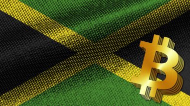Jamaika Gerçekçi Kumaş Doku Efekti Dalgalı Bayrak, Altın Metalik Doku Bitcoin Simgesi, 3D Resim