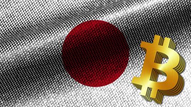 Japonya Gerçekçi Kumaş Doku Efekti Dalgalı Bayrak, Altın Metalik Doku Bitcoin Simgesi, 3D Resim