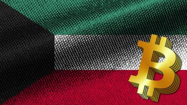 Kuveyt Gerçekçi Kuveyt Kumaş Doku Efekti Dalgalı Bayrak, Altın Metalik Doku Bitcoin Simgesi, 3D Resim