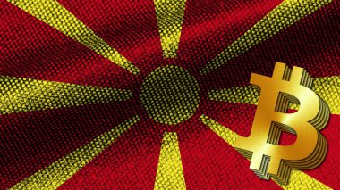 Makedonya Gerçekçi Kumaş Doku Efekti Dalgalı Bayrak, Altın Metalik Doku Bitcoin Simgesi, 3 Boyutlu Resim