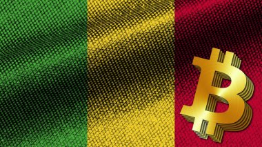 Mali Gerçekçi Kumaş Doku Efekti Dalgalı Bayrak, Altın Metalik Doku Bitcoin Simgesi, 3D Resim