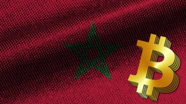 Fas Gerçekçi Kumaş Doku Efekti Dalgalı Bayrak, Altın Metalik Doku Bitcoin Simgesi, 3D Resim