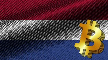 Hollanda Gerçekçi Kumaş Doku Efekti Dalgalı Bayrak, Altın Metalik Döküm Bitcoin Simgesi, 3D Resim