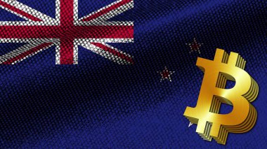 Yeni Zelanda Gerçekçi Kumaş Doku Efekti Dalgalı Bayrak, Altın Metalik Doku Bitcoin Simgesi, 3D İllüstrasyon