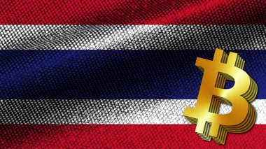 Tayland Gerçekçi Kumaş Doku Efekti Dalgalı Bayrak, Altın Metalik Doku Bitcoin Simgesi, 3D Resim