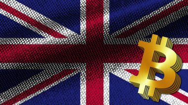 Birleşik Krallık Gerçekçi Kumaş Doku Efekti Dalgalı Bayrak, Altın Metalik Döküm Bitcoin Simgesi, 3D Görüntü