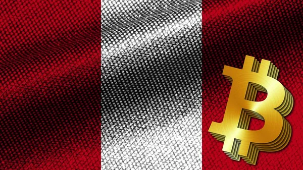 Peru Efeito Textura Tecido Realista Bandeira Ondulada Ícone Bitcoin Textura — Fotografia de Stock
