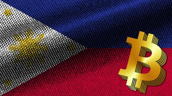 Filipinler Gerçekçi Kumaş Doku Efekti Dalgalı Bayrak, Altın Metalik Doku Bitcoin Simgesi, 3D İllüstrasyon