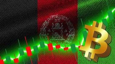 Afganistan Kumaş Kumaşı Dalgalı Bayrak, Borsa Finans Grafiği, Metalik Bitcoin Simgesi, 3D Görüntü