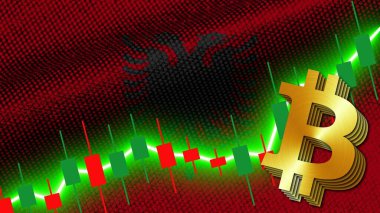 Arnavutluk Kumaş Dokusu Dalgalı Bayrak, Borsa Finans Grafiği, Metalik Bitcoin Simgesi, 3D Görüntü