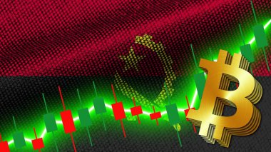 Angola Kumaş Doku Dalgalanması Bayrağı, Borsa Finans Grafiği, Metalik Bitcoin Simgesi, 3D İllüstrasyon