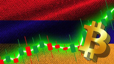Ermenistan Kumaş Doku Dalgalanması Bayrağı, Borsa Finans Grafiği, Metalik Bitcoin Simgesi, 3D İllüstrasyon
