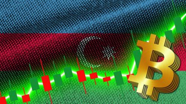 Azerbaycan Kumaş Dokusu Dalgalanma Bayrağı, Borsa Finans Grafiği, Metalik Bitcoin Simgesi, 3D İllüstrasyon