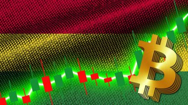 Bolivya Kumaşı Doku Dalgalanması Bayrağı, Borsa Finans Grafiği, Metalik Bitcoin Simgesi, 3D İllüstrasyon