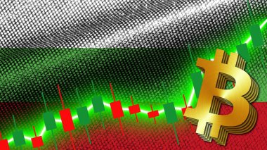Bulgaristan Kumaş Dokusu Dalgalı Bayrak, Borsa Finans Grafiği, Metalik Bitcoin Simgesi, 3D Görüntü