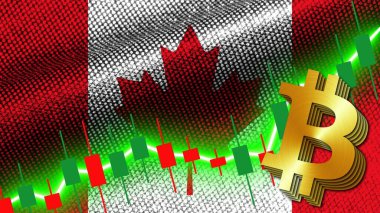 Kanada Kumaş Doku Dalgalanması Bayrağı, Borsa Finans Grafiği, Metalik Bitcoin Simgesi, 3D Görüntü