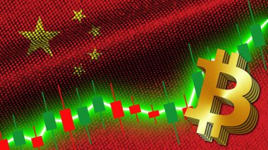 Çin Kumaşı Doku Dalgalanması Bayrağı, Borsa Finans Grafiği, Metalik Bitcoin Simgesi, 3D Görüntü
