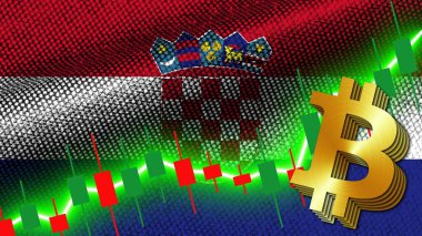 Hırvatistan Kumaş Dokusu Dalgalı Bayrak, Borsa Finans Grafiği, Metalik Bitcoin Simgesi, 3D Görüntü
