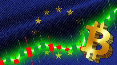 Avrupa Birliği Kumaş Doku Dalgalanması Bayrağı, Borsa Finans Grafiği, Metalik Bitcoin Simgesi, 3D İllüstrasyon