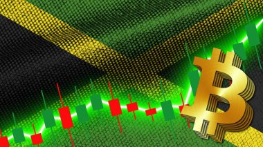 Jamaika Kumaş Doku Dalgalanması Bayrağı, Borsa Finans Grafiği, Metalik Bitcoin Simgesi, 3D İllüstrasyon