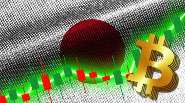 Japon Kumaşı Doku Dalgalanması Bayrağı, Borsa Finans Grafiği, Metalik Bitcoin Simgesi, 3D Görüntü